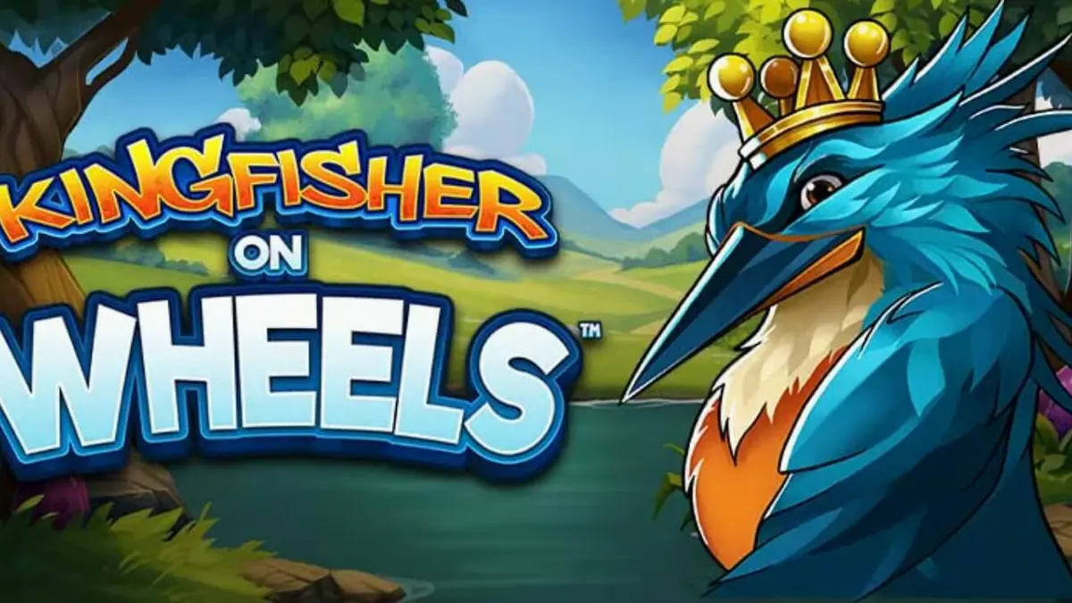 Kingfisher on Wheels slot dengan latar belakang sungai dan roda keberuntungan