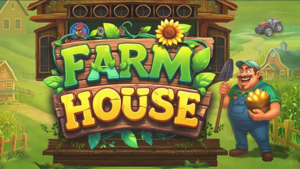 Tampilan antarmuka mobile slot Farm House dengan grid 6x6 dan simbol hewan ternak yang ceria.