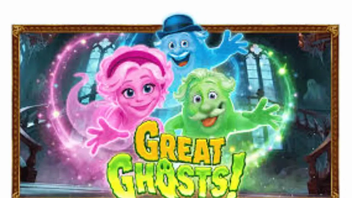 Tampilan antarmuka mobile slot Great Ghosts! dengan tema rumah hantu kartun.