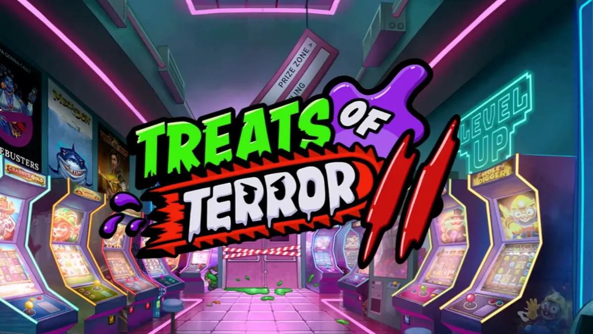 Tampilan visual neon arcade pada slot Treats of Terror 2